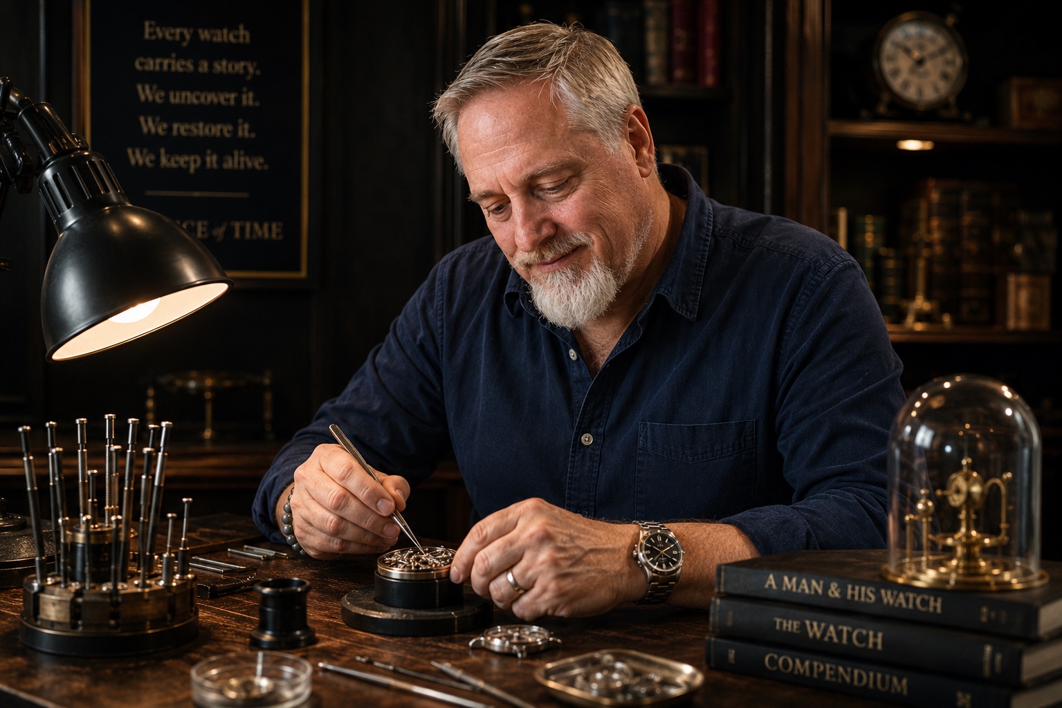 Eric Auffhammer examining a mechanical watch at the workbench