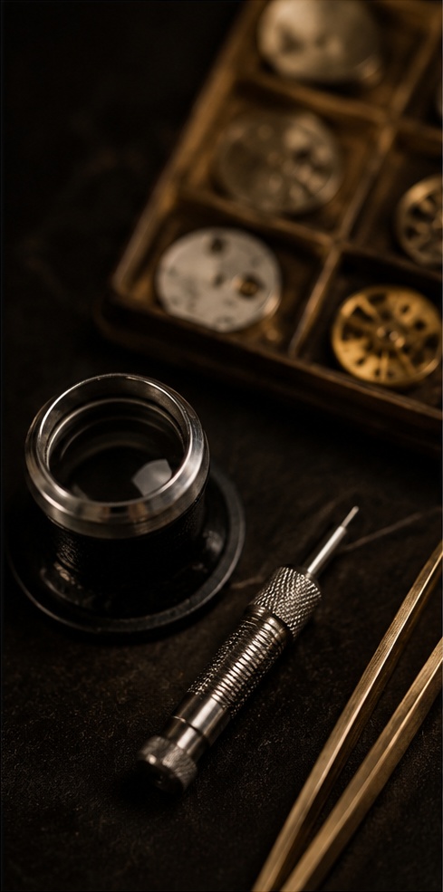 Watchmaking tools arranged at the Balance of Time workbench